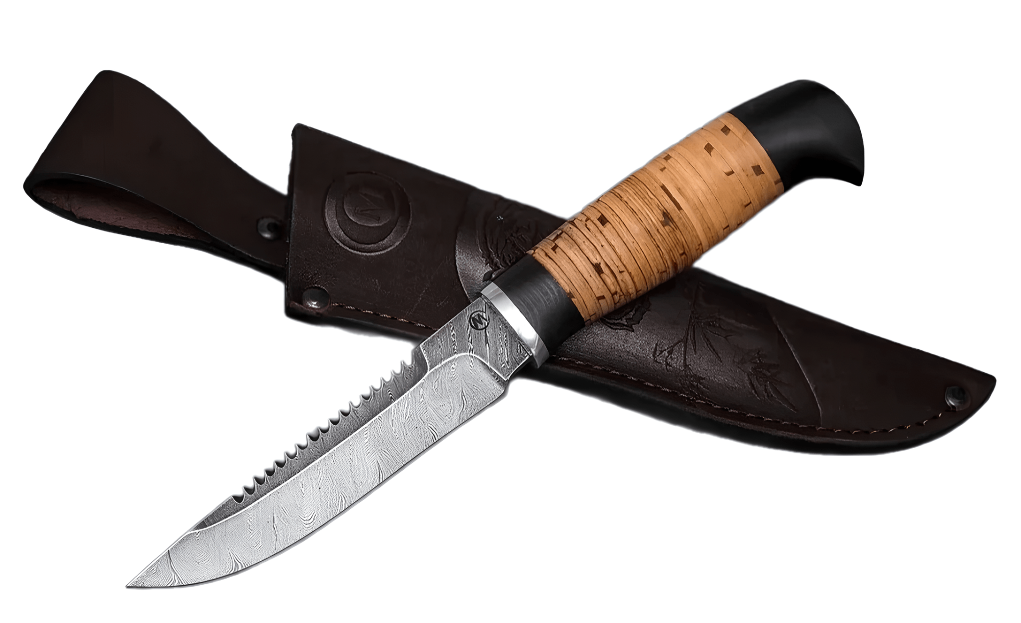 *Нож Судак из дамасской стали, береста, граб, дюраль